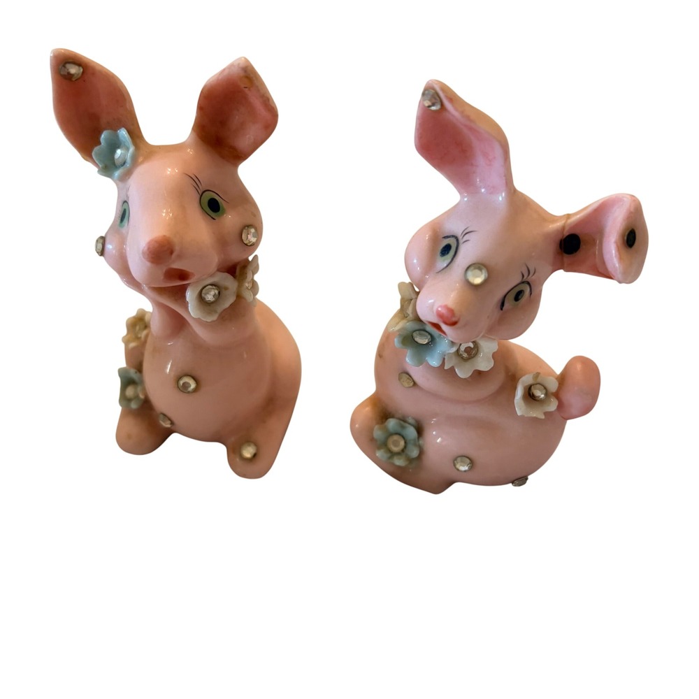 Vintage Lefon Japan Pink Ceramic Pig Bunny Salt Pepper Shakers Rhinestones